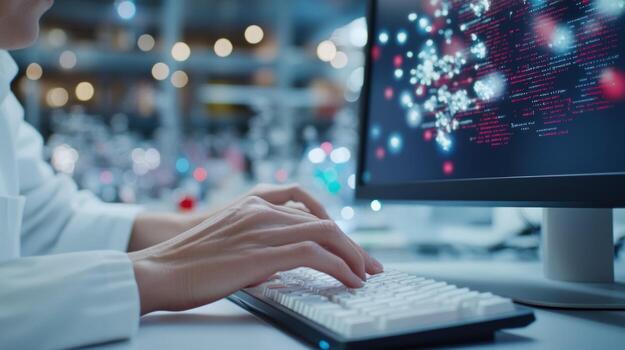 Scientist working on a computer in a lab photo