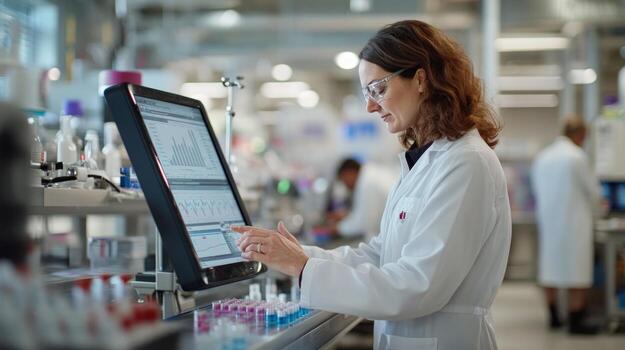 Scientist interacting with data on a large screen in a modern lab photo