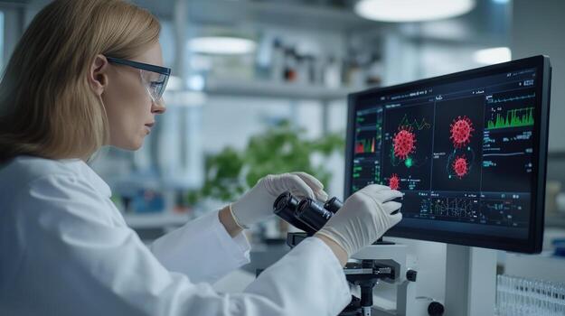 Female scientist examines microscope in lab, looking at computer screen with virus data photo