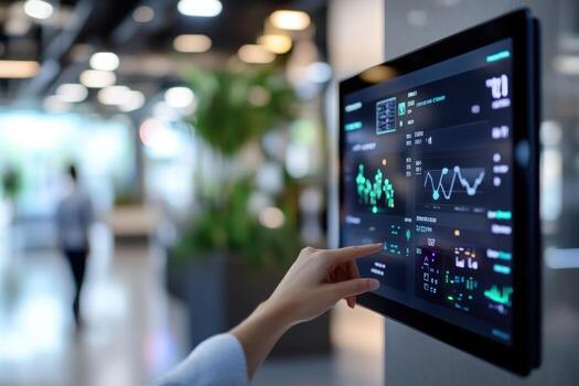 Touchscreen display with data visualizations in modern office photo