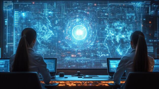 Global network control room. Two figures monitor a large screen displaying complex global data visualizations photo