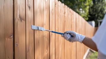 Painting a wooden fence photo
