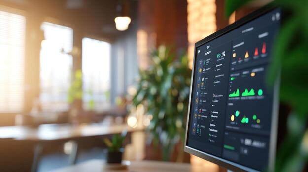Modern office workspace with a computer displaying data dashboards photo