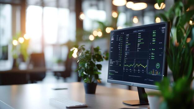 Modern office workspace with computer displaying financial data photo