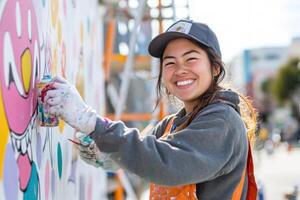 Young woman painting vibrant mural photo