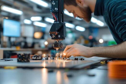 Engineer working on circuit board with robotic arm photo