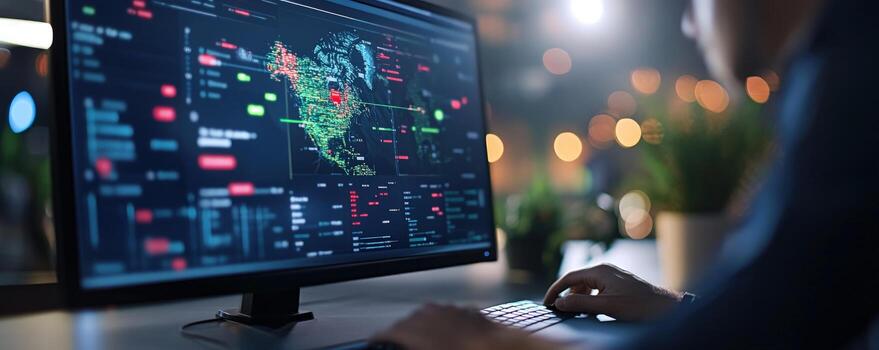 A person is using a computer with a map on it photo