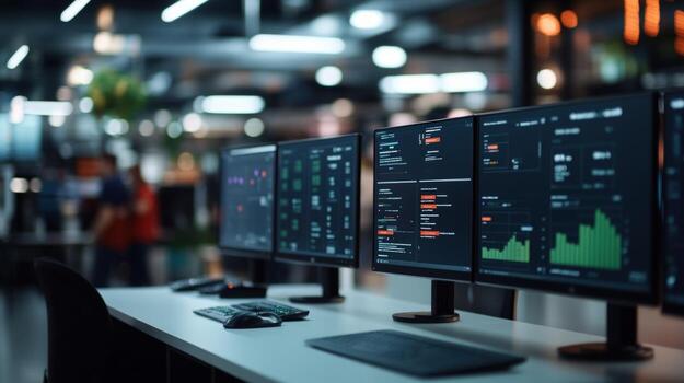 Modern office with multiple computer screens displaying data photo