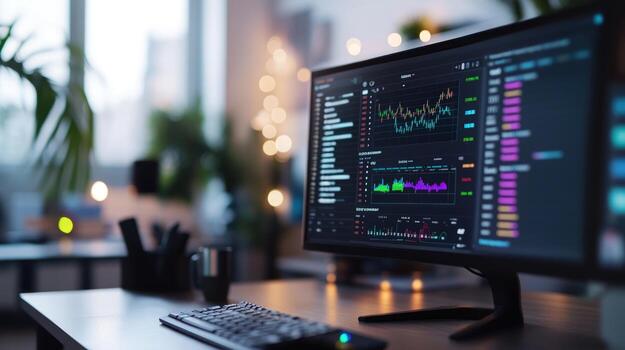 A computer monitor with graphs and charts on it photo