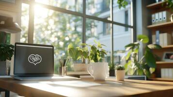 Modern workspace with laptop and plants, sunlit interior photo