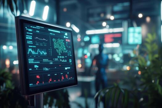 Futuristic lab display shows complex data and processes photo