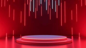 A digital CGI image of a dark stage with a circular platform at the center, surrounded by red and blue neon lights, and falling vertical neon lines in red, blue, and white video