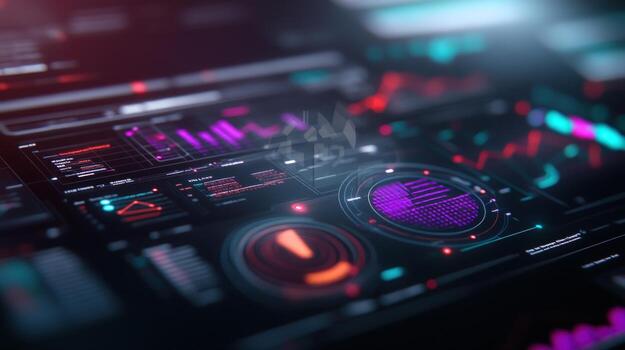 Futuristic digital dashboard with vibrant glowing displays and data visualizations photo