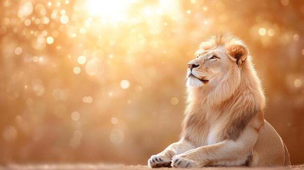 A lion sitting in the sun with a bright light photo