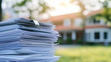 Stack of documents, papers, in front of a house photo