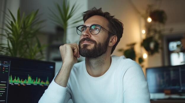 Thoughtful man analyzing data on computer screen in modern setting photo
