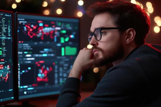 Man analyzing financial data on multiple computer screens at night photo