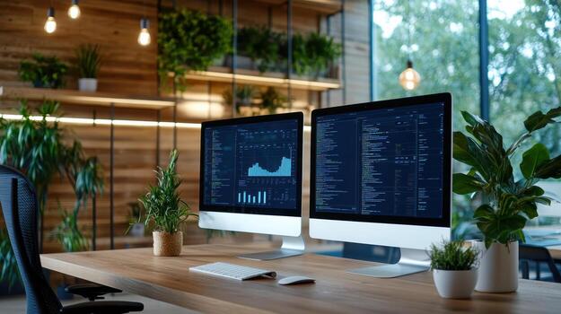 Two computer monitors on a desk in front of a plant photo