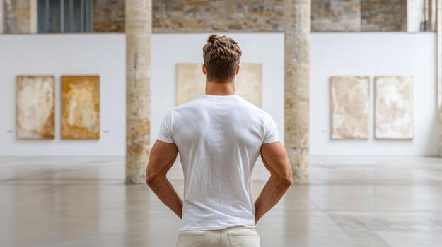 A man standing in an art gallery looking at paintings photo