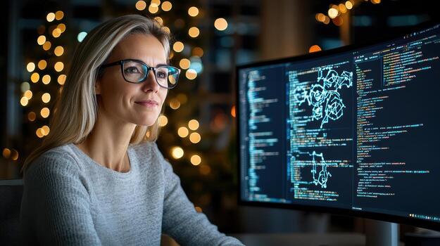 A woman in glasses is looking at a computer screen with code on it photo