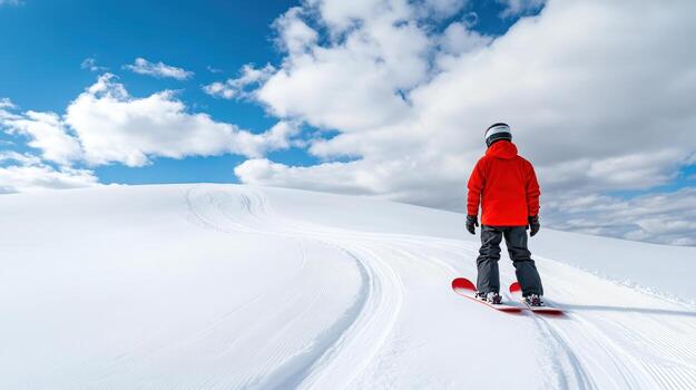 A person on a snowboard standing on a snowy slope photo