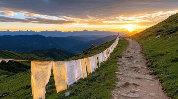 A path leading to a mountain with prayer flags photo