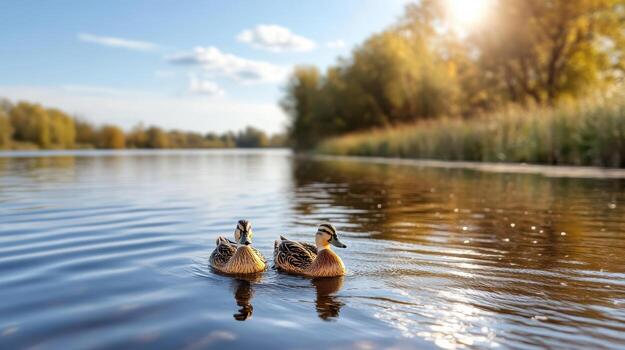 dos patos nadando en un lago con arboles en el antecedentes foto