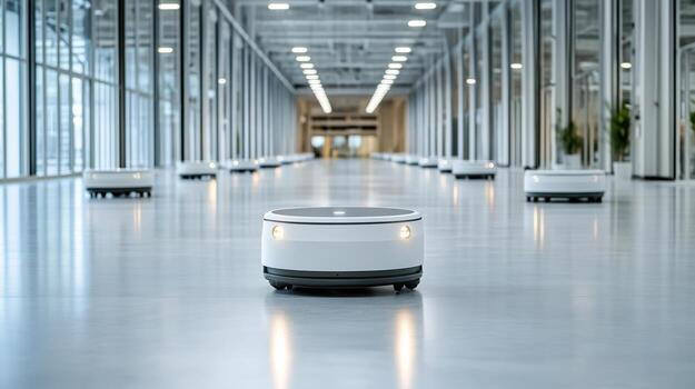 A robot is sitting in a large room with many lights photo