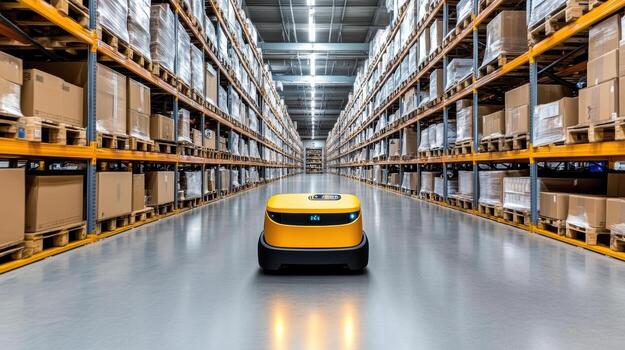 A robot is driving through a warehouse photo