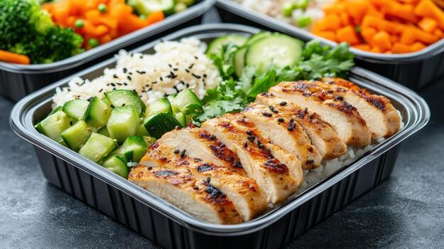Three containers with chicken, rice and vegetables photo
