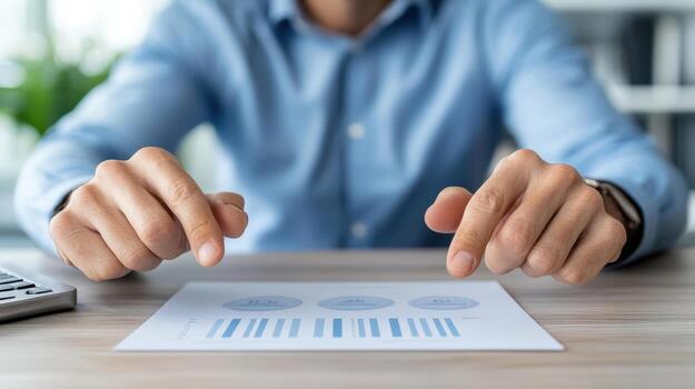 un hombre es señalando a un grafico en un papel foto