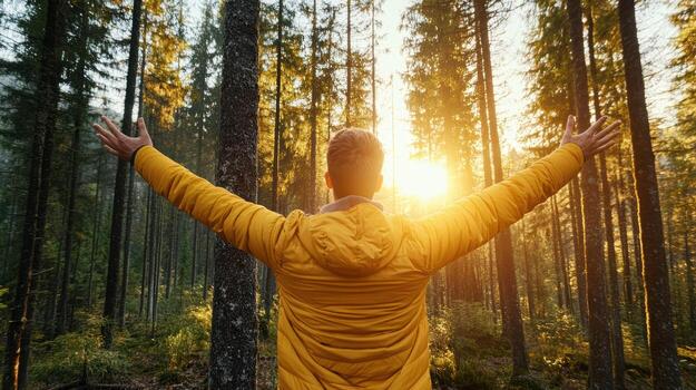 A man in yellow jacket standing in the middle of a forest with his arms outstretched photo