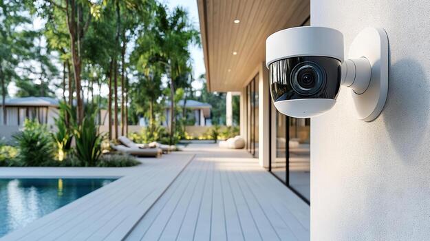 A security camera mounted on the wall of a house photo