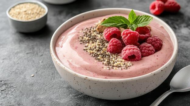 Raspberry smoothie bowl with raspberries and chia seeds on a dark background photo