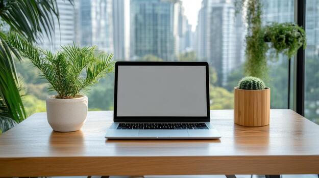 Laptop on wooden table with cityscape background photo