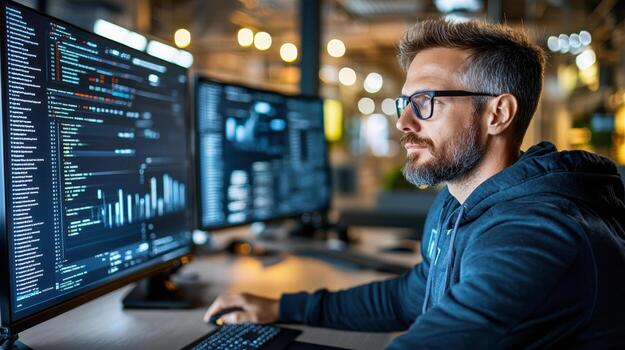A man in a black hoodie is working on a computer photo