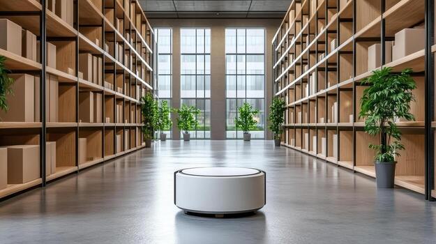 A robot in a warehouse with shelves and plants photo