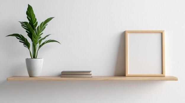 Mock up frame on shelf with plant and books 3d rendering photo