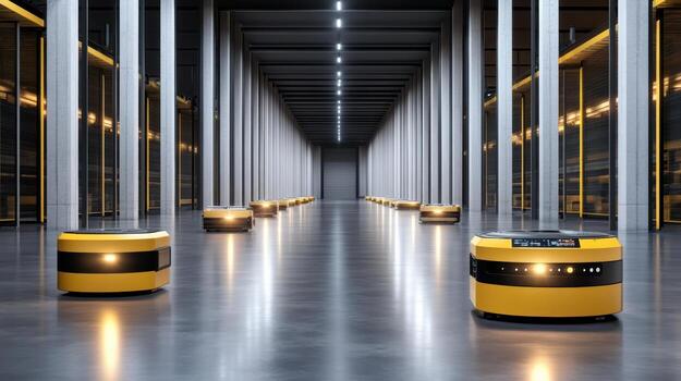 A large warehouse with yellow and black robots photo