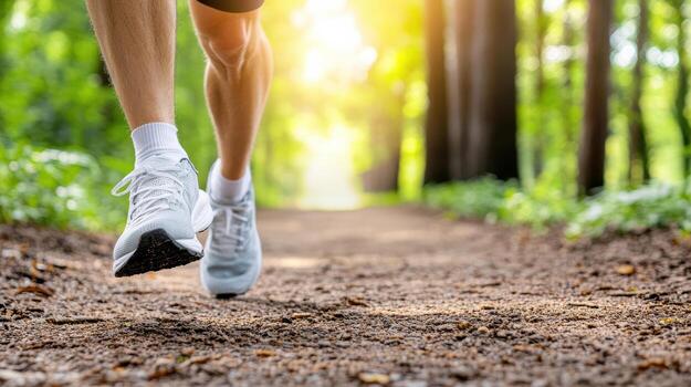 A person running on a dirt path in the woods photo
