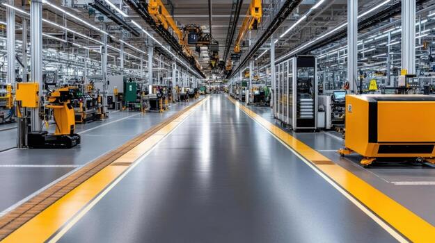 un industrial fábrica con amarillo líneas y máquinas foto