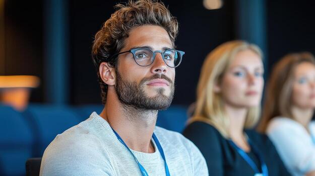 A man with glasses and a beard sitting in a lecture hall photo