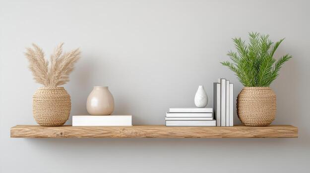 Wooden shelf with books and plants on it photo