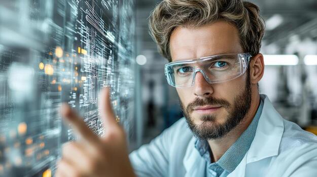 A man in a lab coat is pointing at a computer screen photo