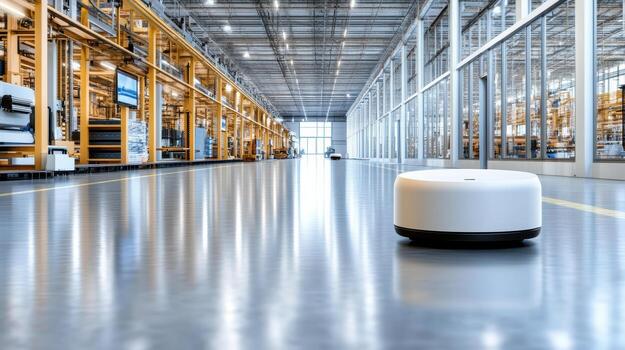 A robot is sitting in a warehouse photo