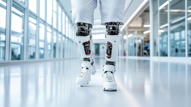 A person with robotic legs walking through an office building photo
