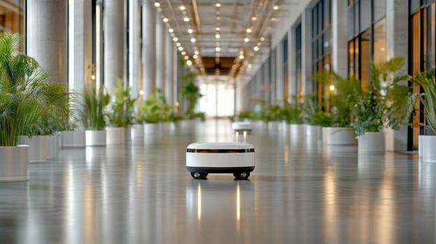 A robot is walking down a hallway with plants photo