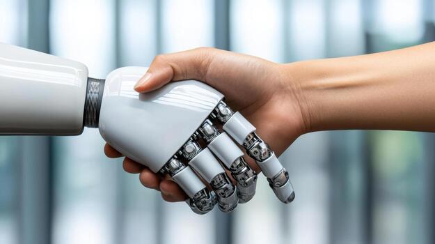 A robot hand shaking hands with another person photo
