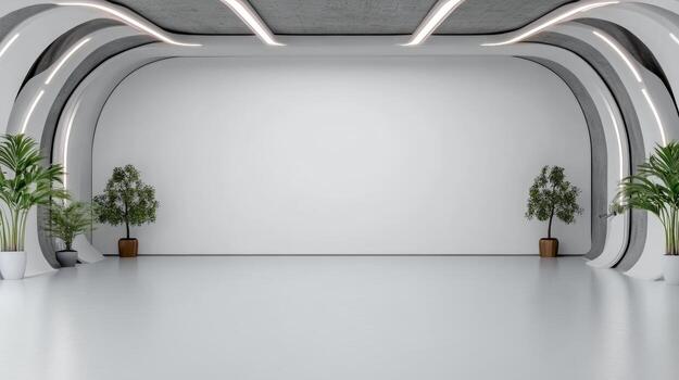 An empty room with white walls and plants photo