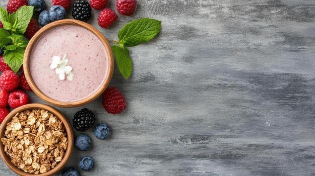 Berries, yogurt and granola on a gray background photo